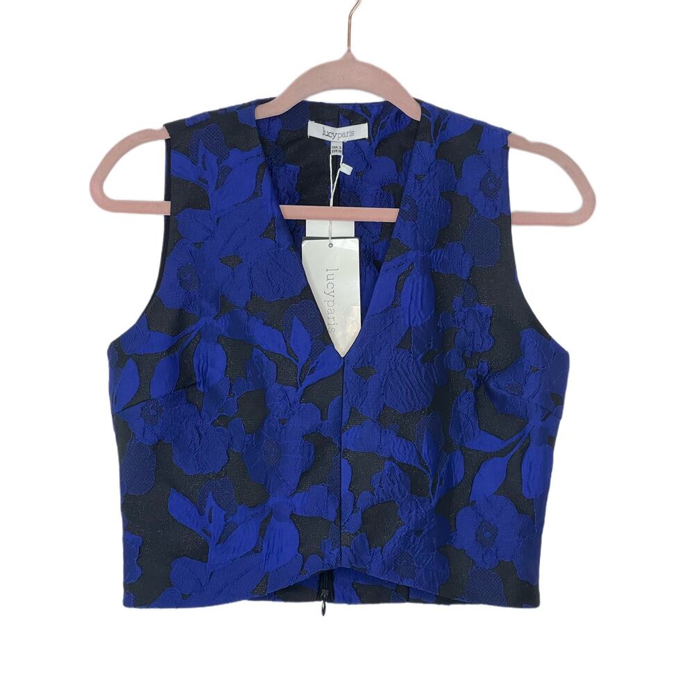 NWT Lucy Paris Cobalt Blue Black Brocade V Neck Sleeveless Crop Top Cobalt Small